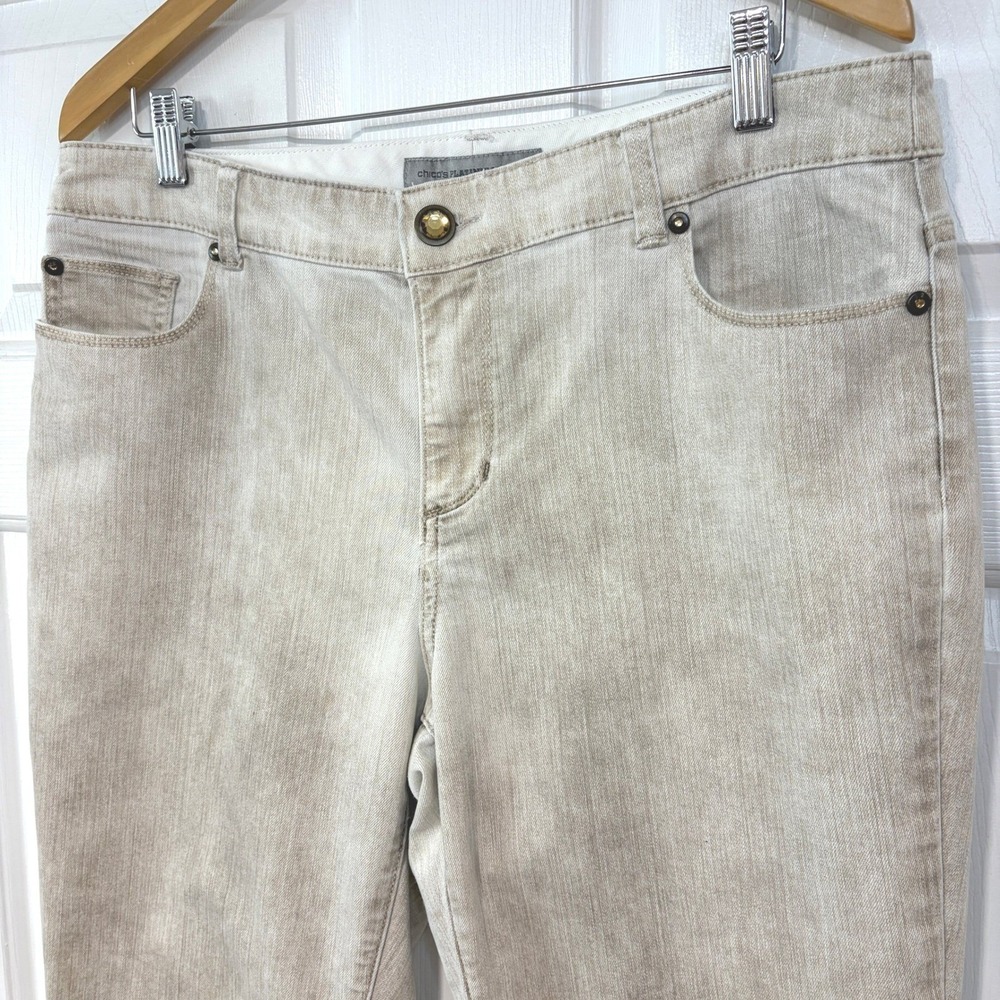 Chicos Ultimate Fit Jeans 12 Straight Slim Leg Denim Tan Embroidered Pockets